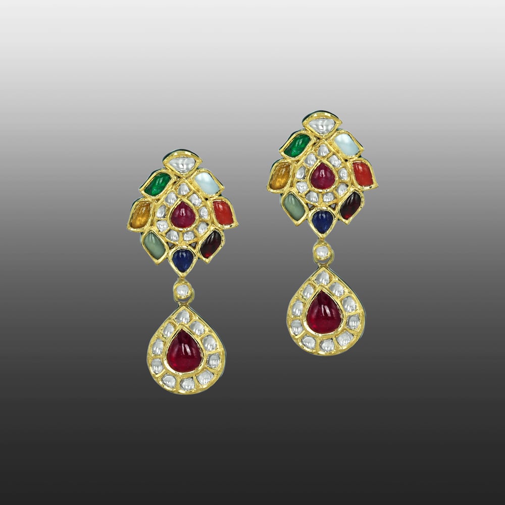 Navaratan Earrings with Ruby Drops and Polkis